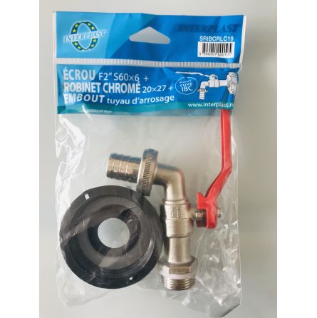 Ecrou + Robinet chromé + Embout tuyau d'arrosage 