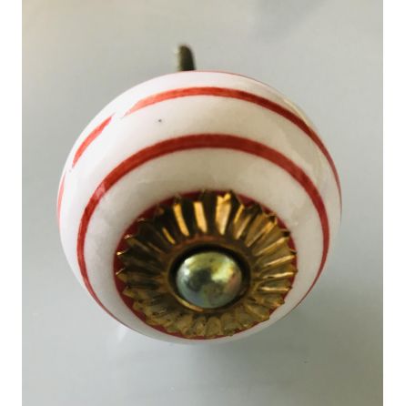 Bouton céramique blanc rayé orange